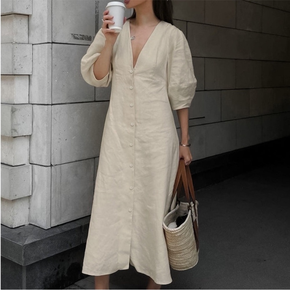 Chic Cream V-Neck Midi Dress